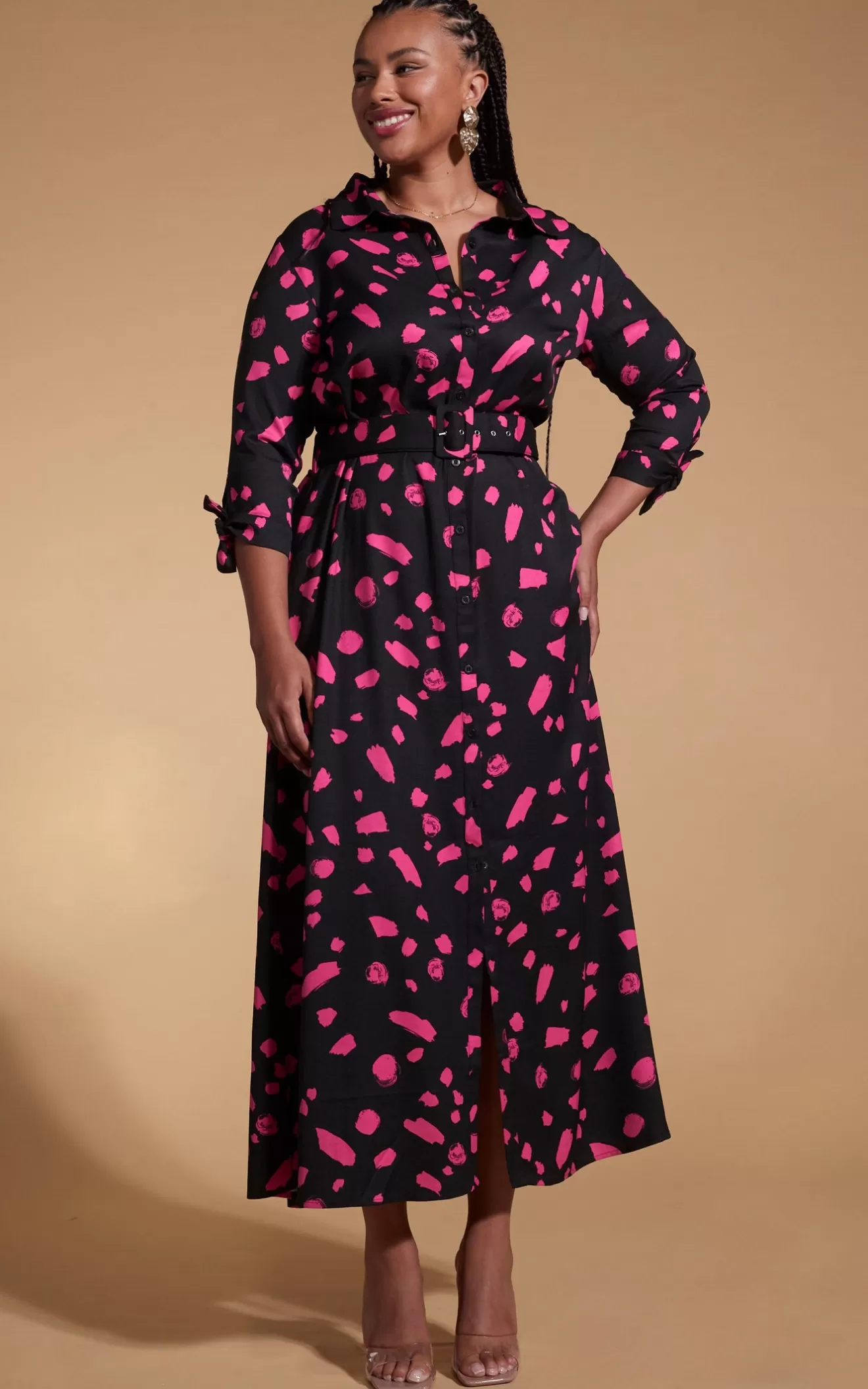 Dancing Leopard Nursing Dresses | Dresses With Pockets-Dove Dress In Abstract Dot Pink On Black- Extended Sizing