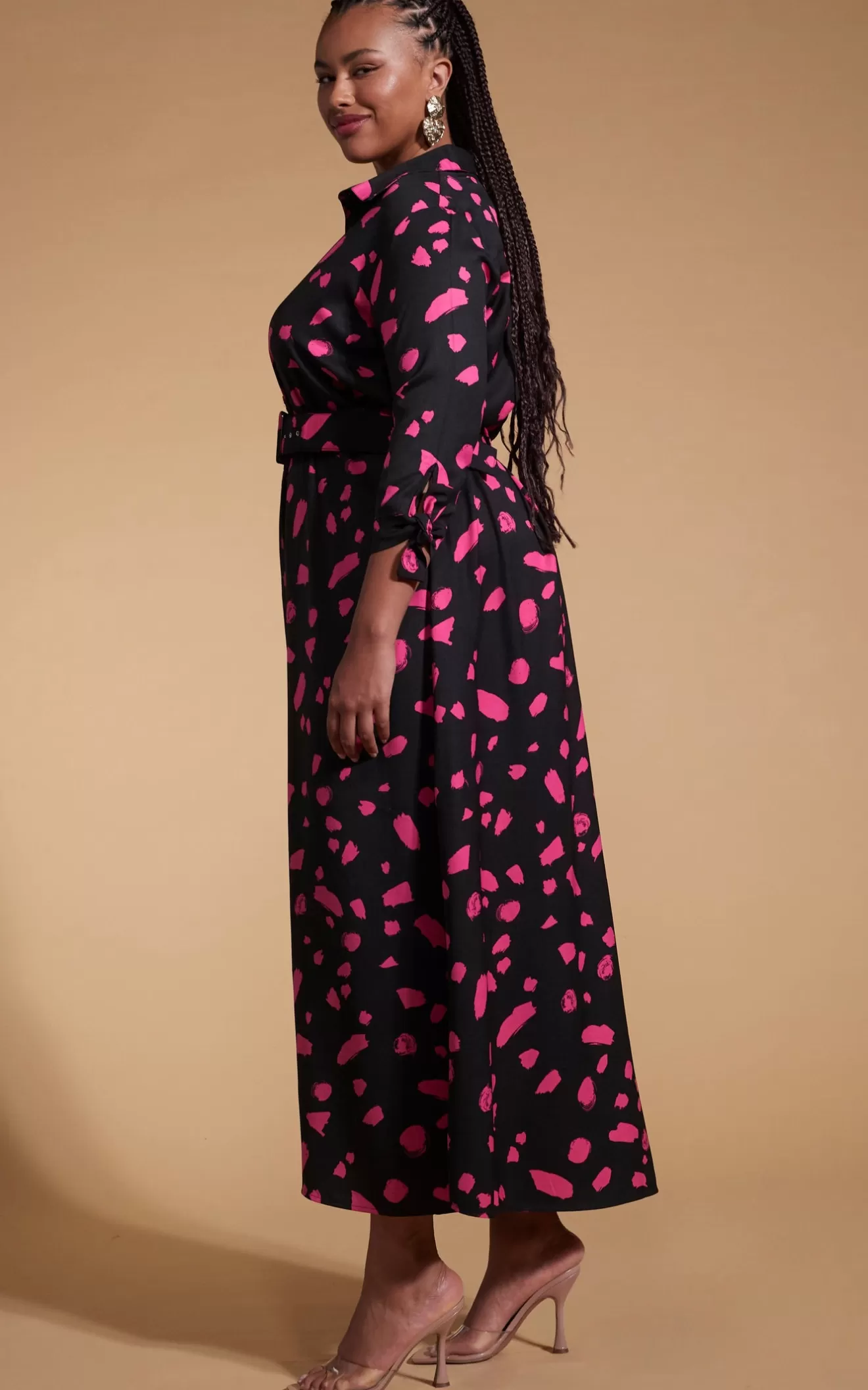 Dancing Leopard Nursing Dresses | Dresses With Pockets-Dove Dress In Abstract Dot Pink On Black- Extended Sizing