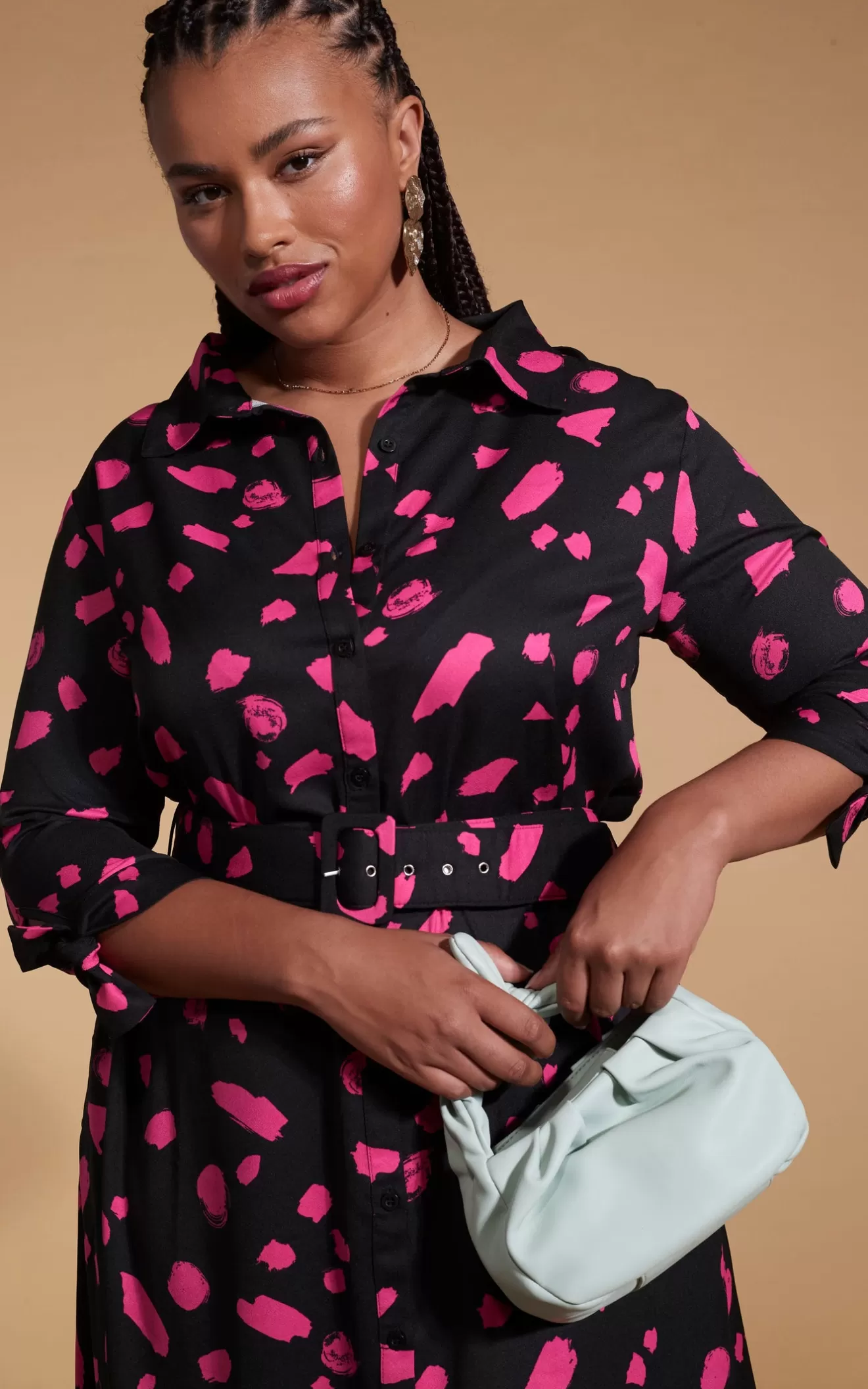 Dancing Leopard Nursing Dresses | Dresses With Pockets-Dove Dress In Abstract Dot Pink On Black- Extended Sizing