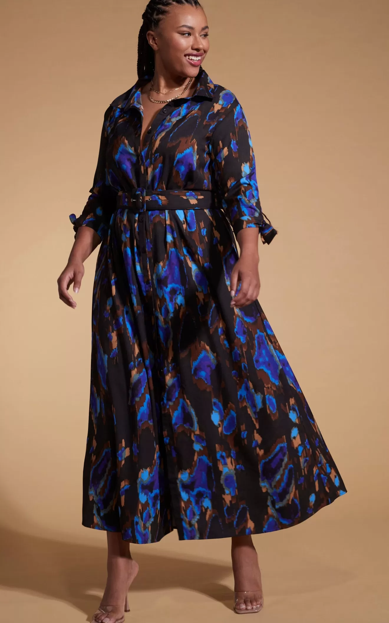 Dancing Leopard Nursing Dresses | Dresses With Pockets-Dove Dress In Camo Abstract Blue On Black- Extended Sizing