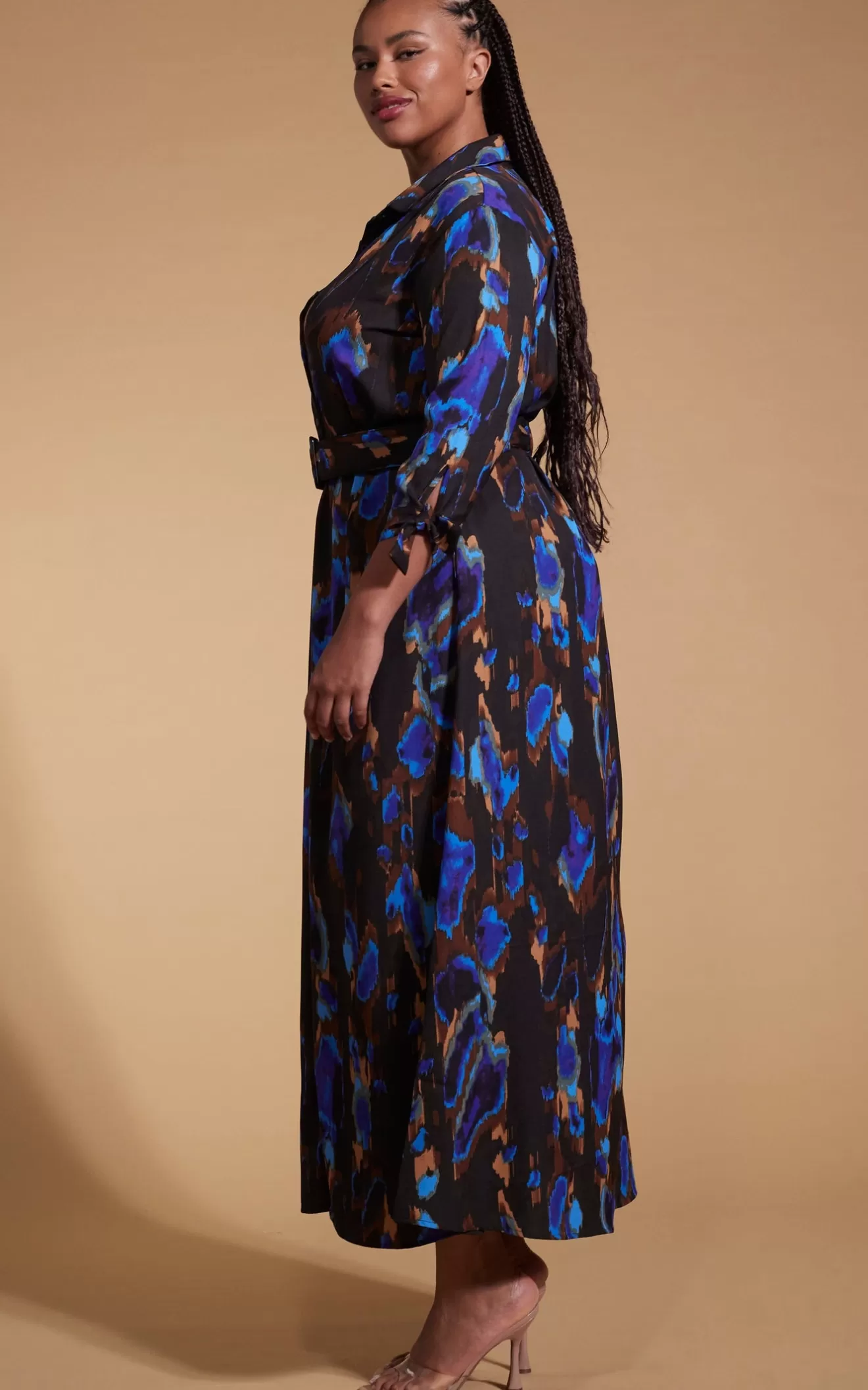 Dancing Leopard Nursing Dresses | Dresses With Pockets-Dove Dress In Camo Abstract Blue On Black- Extended Sizing