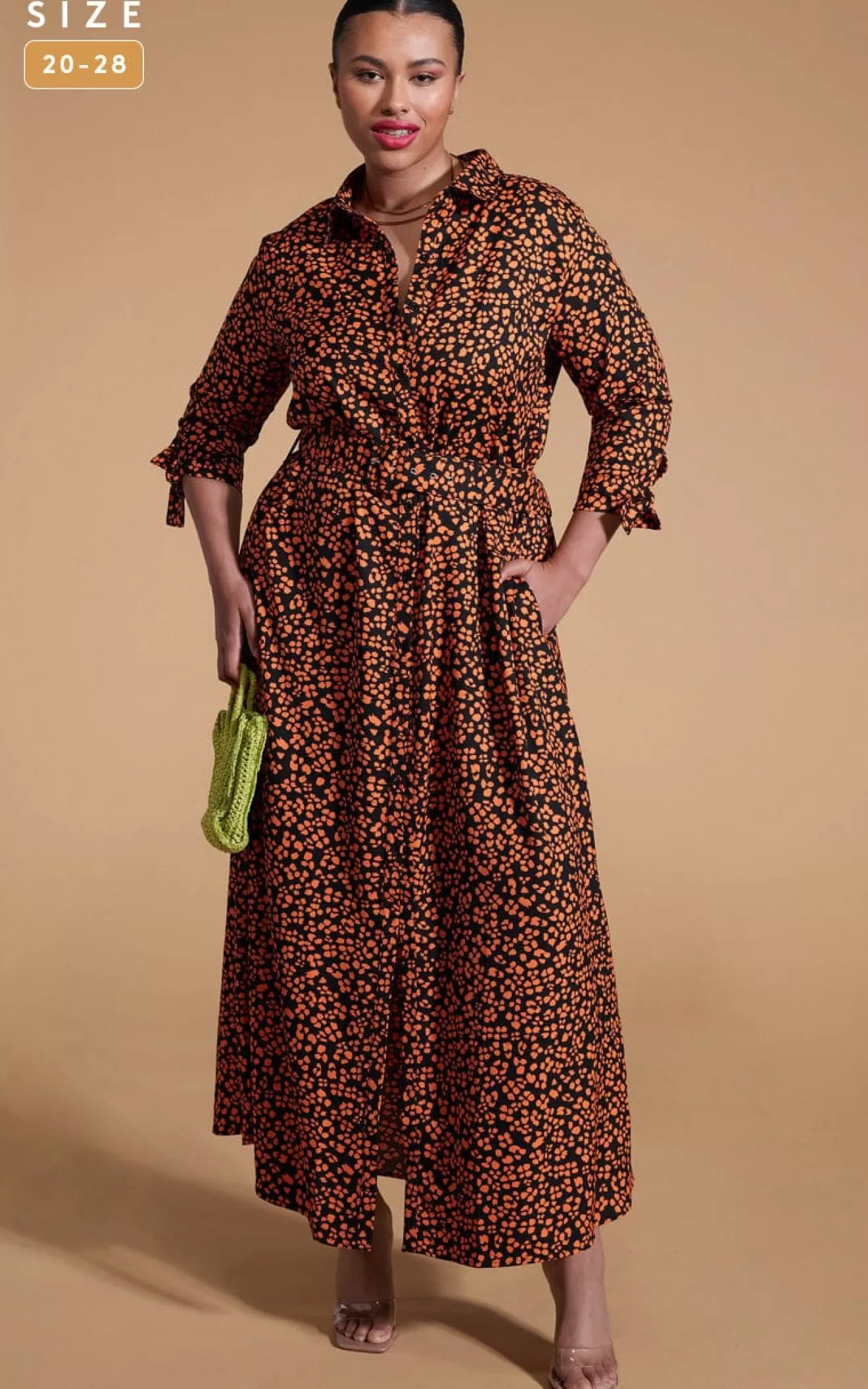 Dancing Leopard Nursing Dresses | Shirt Dresses-Dove Dress In Orange On Black Leopard - Extended Sizing
