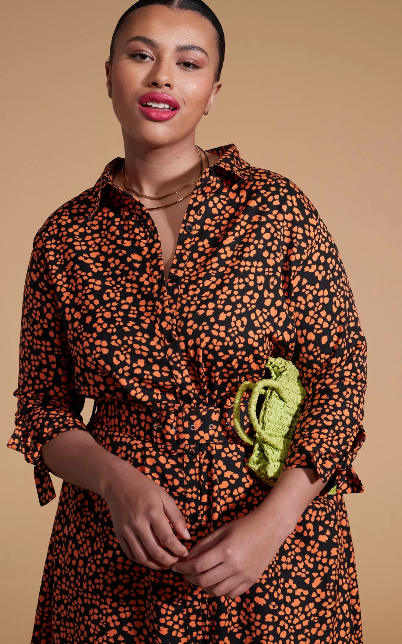 Dancing Leopard Nursing Dresses | Shirt Dresses-Dove Dress In Orange On Black Leopard - Extended Sizing