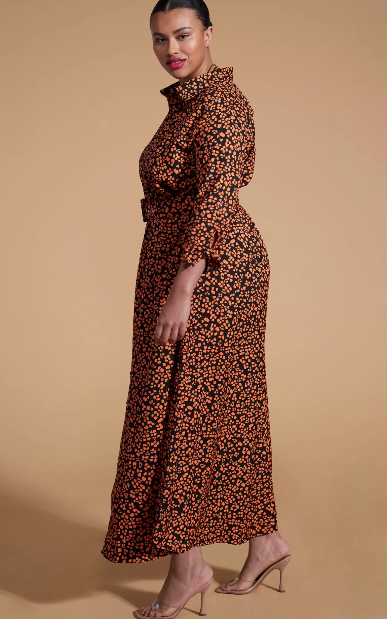 Dancing Leopard Nursing Dresses | Shirt Dresses-Dove Dress In Orange On Black Leopard - Extended Sizing