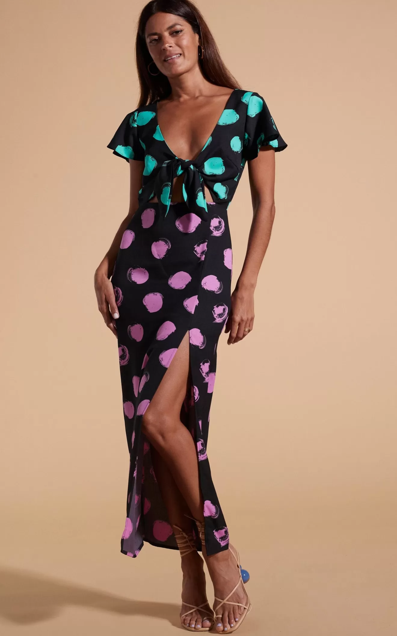 Dancing Leopard Summer Dresses | Wedding Guest Dresses-Lily Dress In Green On Black Dot & Pink On Black Dot
