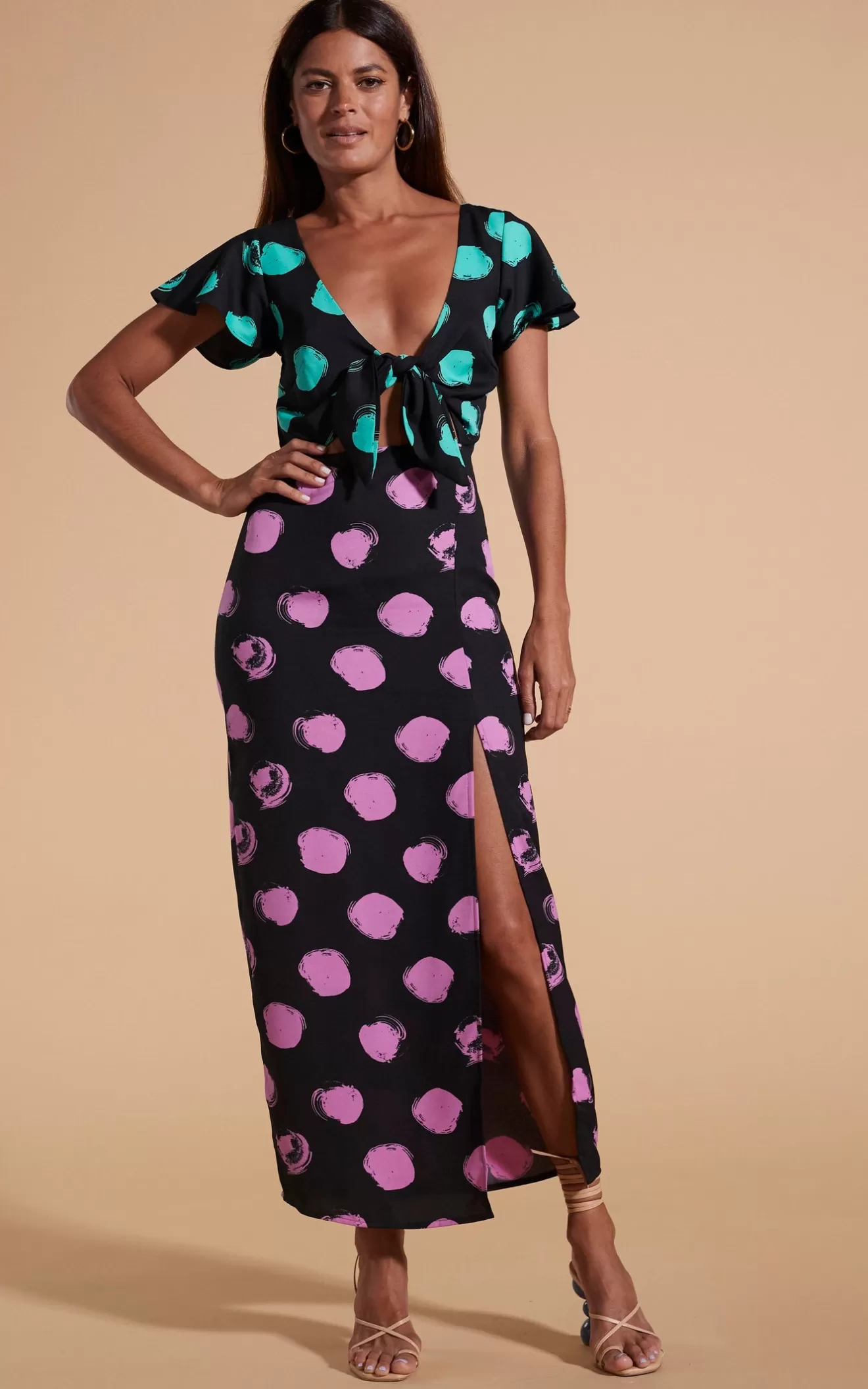 Dancing Leopard Summer Dresses | Wedding Guest Dresses-Lily Dress In Green On Black Dot & Pink On Black Dot
