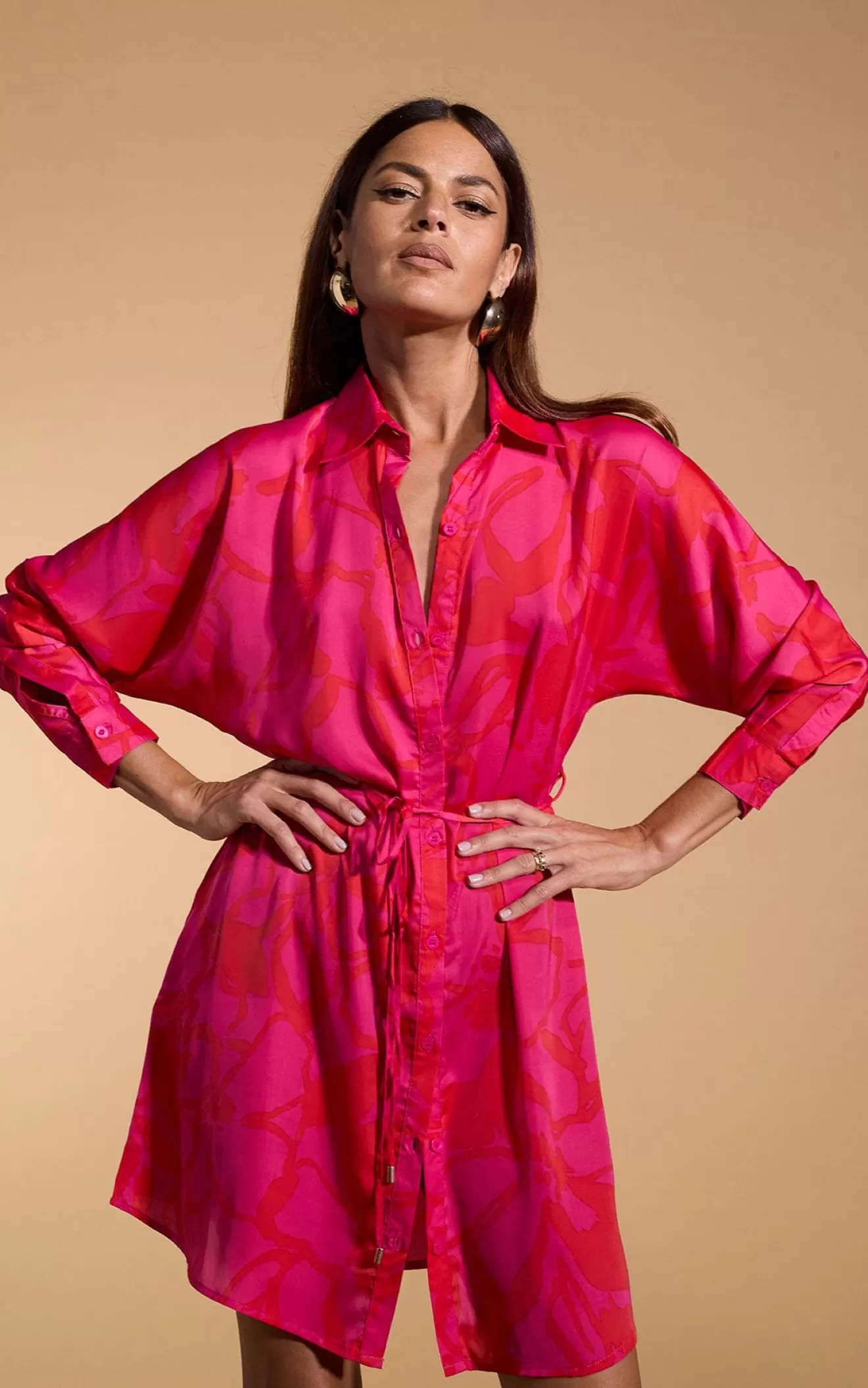 Dancing Leopard Nursing Dresses | Dresses With Pockets-Melody Mini Shirt Dress In Red On Pink Abstract Floral