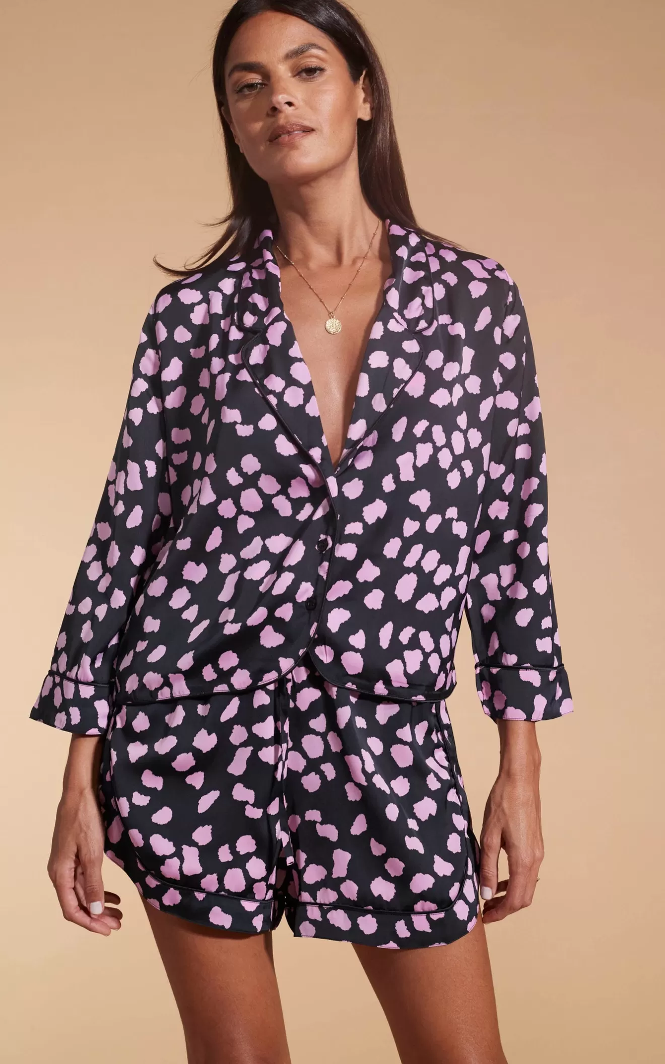 Dancing Leopard Pyjamas-Oona Shortie PJ Set In Pink On Black Cloud