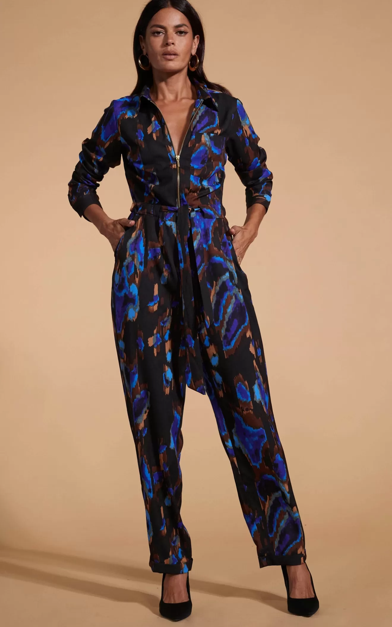 Dancing Leopard Jumpsuits-Roxanna Zip Jumpsuit In Camo Abstract Blue On Black