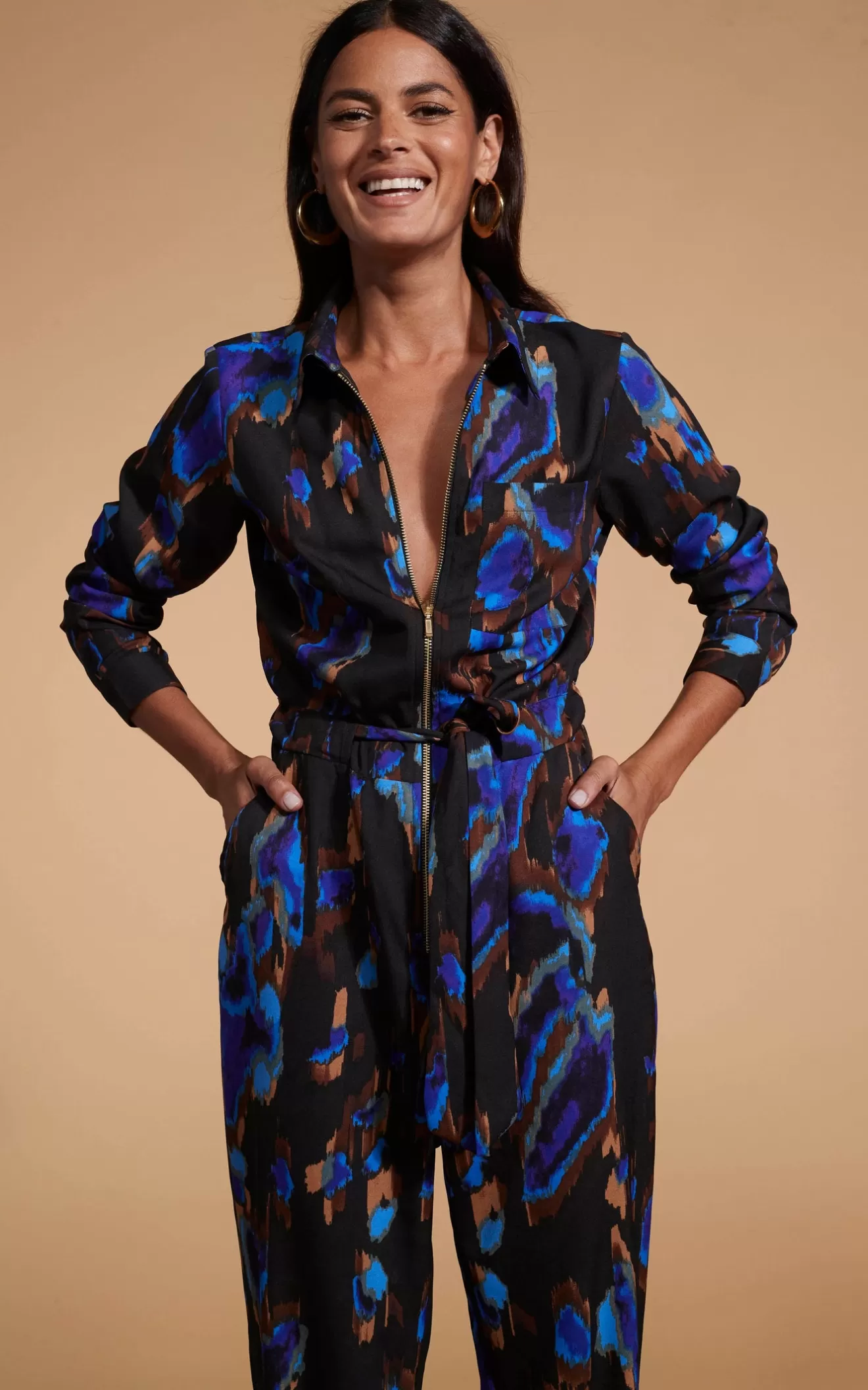 Dancing Leopard Jumpsuits-Roxanna Zip Jumpsuit In Camo Abstract Blue On Black